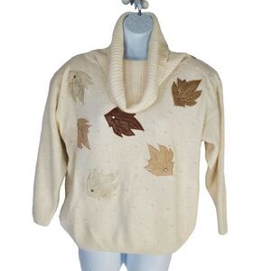 Vintage NEW 90s Cowl Neck Silk Angora Sweater M Autumn Leaf Faux Pearls Beige